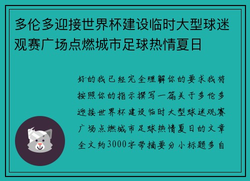 多伦多迎接世界杯建设临时大型球迷观赛广场点燃城市足球热情夏日
