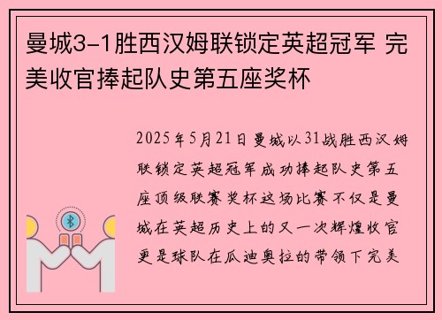 曼城3-1胜西汉姆联锁定英超冠军 完美收官捧起队史第五座奖杯
